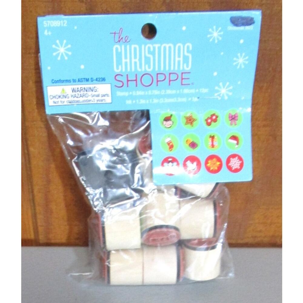Christmas Stamp Set Mini Wooden Rubber Stamps & Ink Pad Holiday Craft Kit